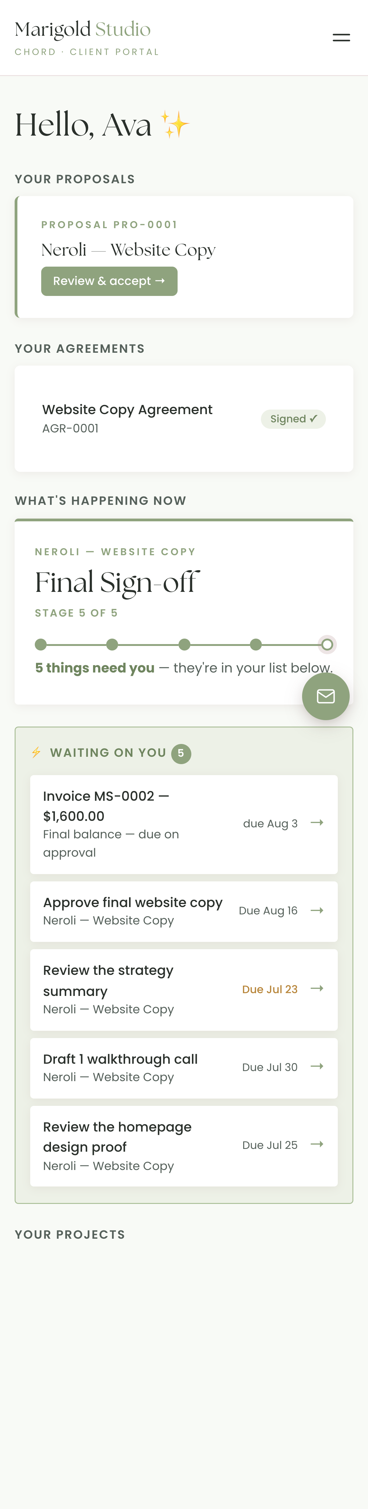 Client portal waiting-on-you list and timeline