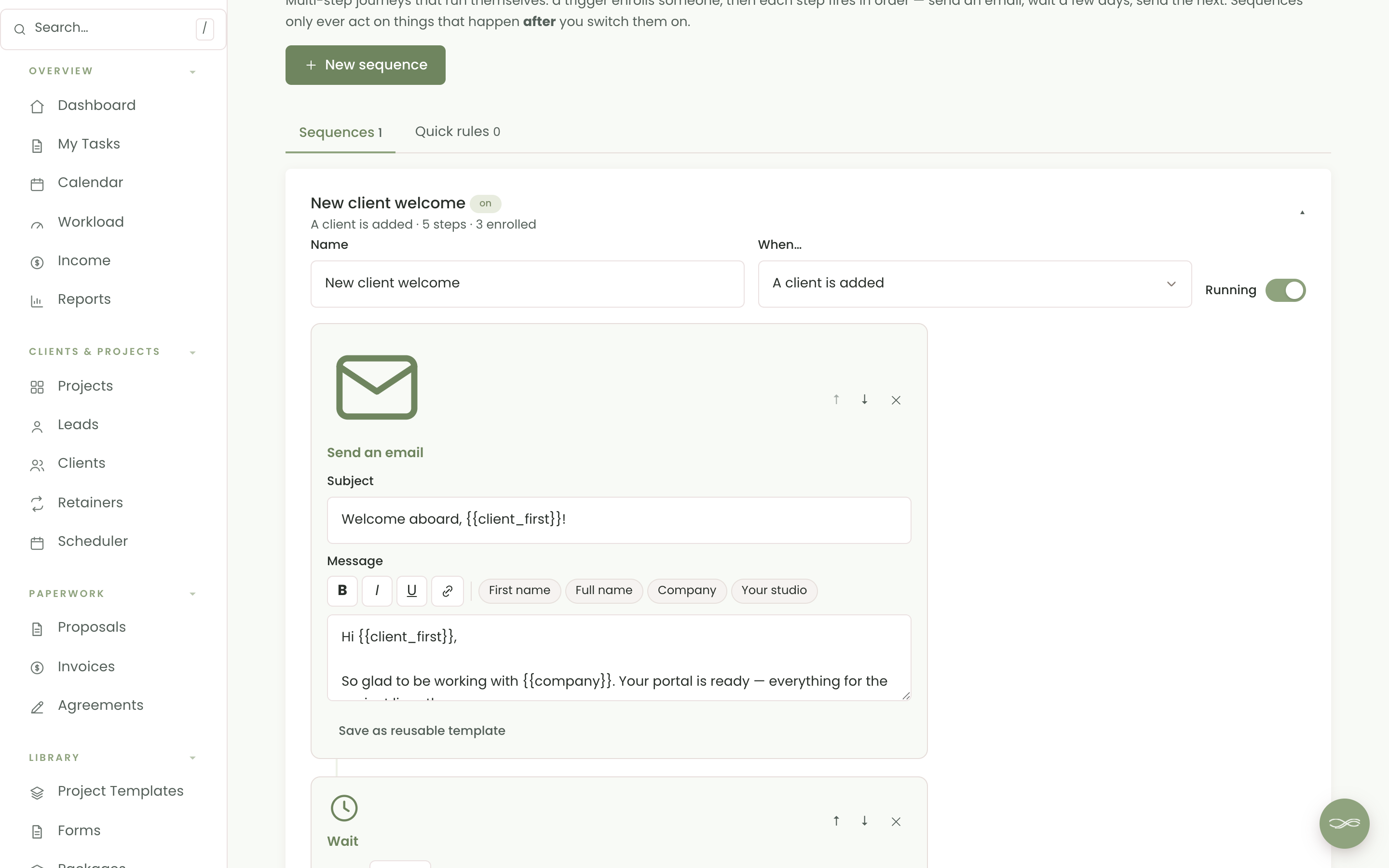 A Chord workflow sequence: welcome email, wait step, follow-up